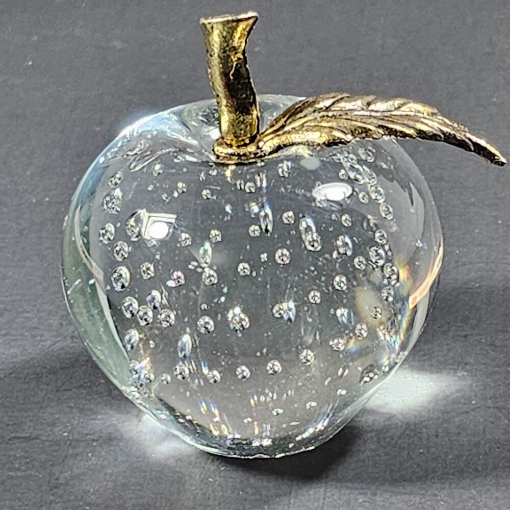 Vtg Sylvestri Clear Glass Apple Paperweight, Bubbles with Brass Leaf Stem, 2.5"